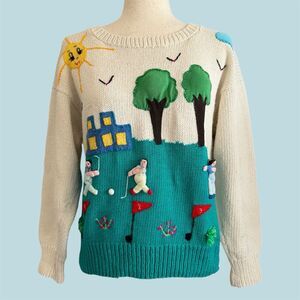 Vintage Novelty Whimsical 3D Sweater Womens M Golf Outdoors Themed Whimsy Artsy
